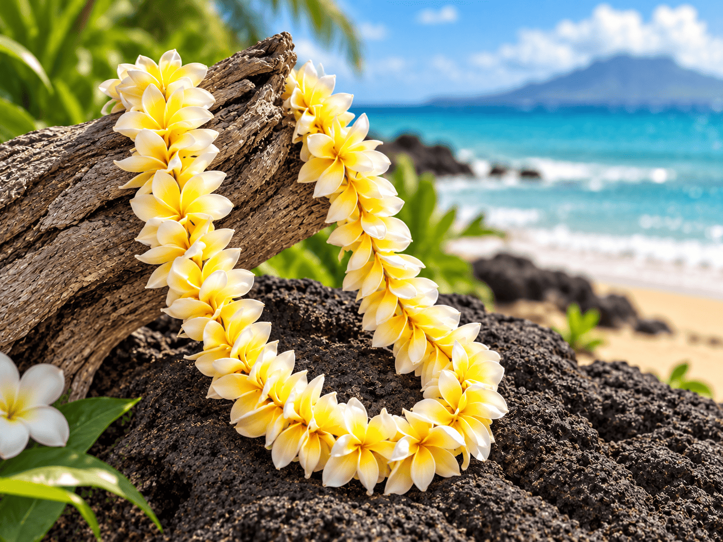 Single Plumeria Lei – a sweet, floral-scented lei made with a single strand of plumeria flowers.